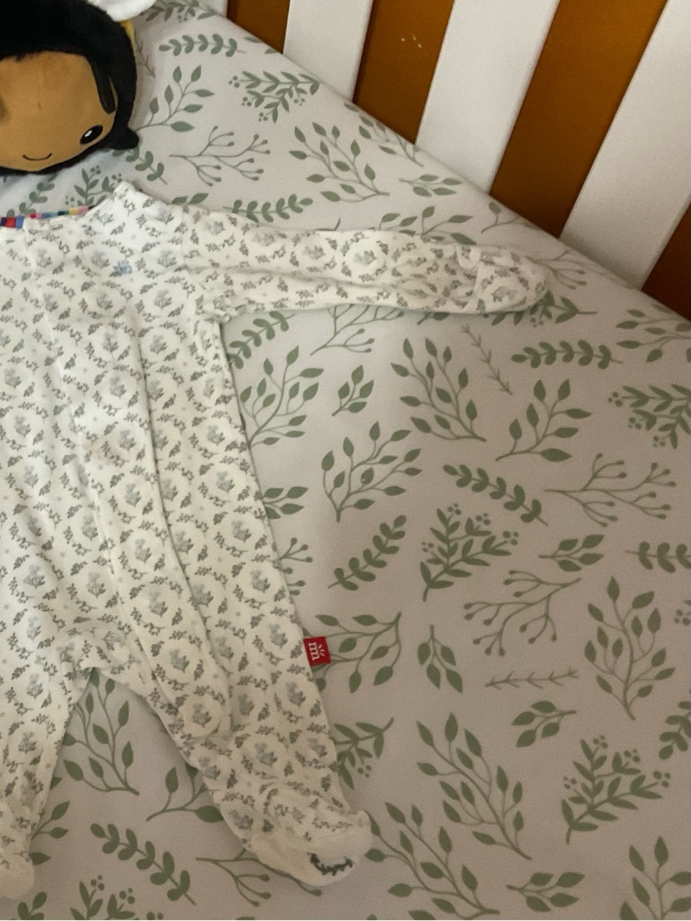 White Baby Footed Sleeper with Sage Green Leaf Print
